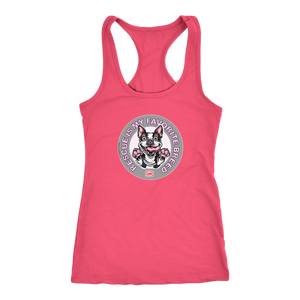 A bright pink Next Level Racerback Tank featuring the OMG You're Home! Boston Terrier design with "Rescue is my favorite breed"