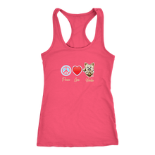 Load image into Gallery viewer, Pink Next Level Racerback Tank featuring the Peace Love Yorkie dog design from OMG You&#39;re HOME!