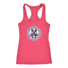 Load image into Gallery viewer, A soft pink Next Level Racerback Tank featuring the OMG You&#39;re Home Boston Terrier Dog Mom design on the front in full vibrant color. 