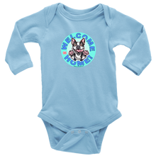 Load image into Gallery viewer, a light blue long sleeve baby bodysuit with the OMG Boston Terrier welcome home design