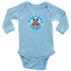 a light blue long sleeve baby bodysuit with the OMG Boston Terrier welcome home design