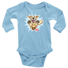 Load image into Gallery viewer, A light blue long-sleeve onesie featuring the original happy and excited Golden Retriever on the front