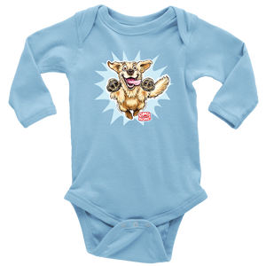 A light blue long-sleeve onesie featuring the original happy and excited Golden Retriever on the front