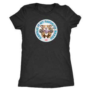 front view of a women's black triblend shirt featuring original Red Nose Pitbull rescue artwork by OMG You're HOME!