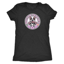 Load image into Gallery viewer, a woman&#39;s vintage black shirt with the Boston Terrier dog Mom design on the front on pink letters