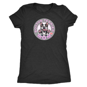 a woman's vintage black shirt with the Boston Terrier dog Mom design on the front on pink letters