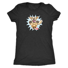 Load image into Gallery viewer, A women&#39;s black tee featuring the OMG You&#39;re Home! Golden Retriever design