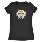 A women's black tee featuring the OMG You're Home! Golden Retriever design