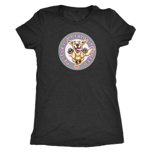 a women's black t-shirt featuring the original Golden Retriever dog artwork by OMG You're Home! This collection is dedicated to those of us who love and support rescues.