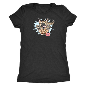 a black Next Level Womens Triblend shirt featuring the OMG You're Home German Shepherd dog design on the front in full color. 