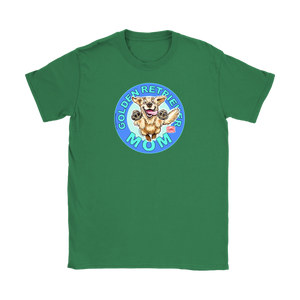 a women's green tshirt featuring the OMG You're Home! Golden Retriever dog artwork on the front