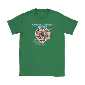 a green Gildan Womens T-Shirt for dog lovers featuring the German Shepherd design in the Emotional Support Human collection