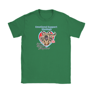 a green Gildan Womens T-Shirt for dog lovers featuring the German Shepherd design in the Emotional Support Human collection