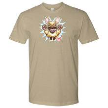 Load image into Gallery viewer, front view of a men&#39;s tan t-shirt with the OMG You&#39;re Home original Fawn Frenchie artwork