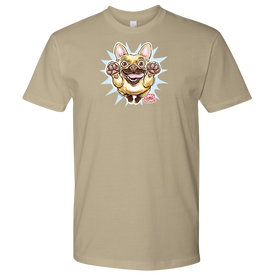 front view of a men's tan t-shirt with the OMG You're Home original Fawn Frenchie artwork