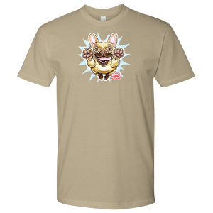 front view of a men's tan t-shirt with the OMG You're Home original Fawn Frenchie artwork