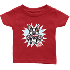 front view of a toddler's red OMG You're Home t-shirt with the Boston Terrier dog design  in full color
