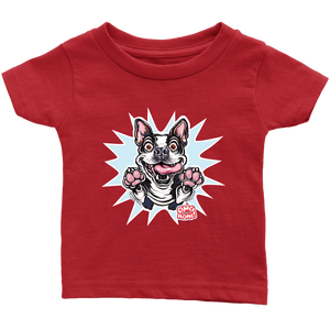 front view of a toddler's red OMG You're Home t-shirt with the Boston Terrier dog design  in full color