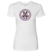 Load image into Gallery viewer, a white shirt with the OMG You&#39;re Home! Boston Terrier dog Mom design on the front in pink letters