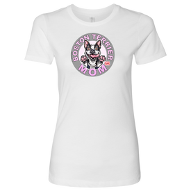 a white shirt with the OMG You're Home! Boston Terrier dog Mom design on the front in pink letters