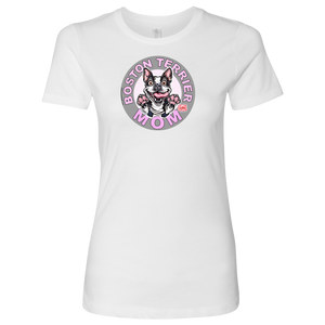 a white shirt with the OMG You're Home! Boston Terrier dog Mom design on the front in pink letters