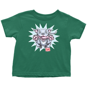 a toddler's green t-shirt with the Blue Nose Pit Bull design by OMG You're Home on the front in full vibrant color