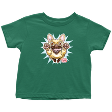 Load image into Gallery viewer, a toddler&#39;s green t-shirt with the original OMG You&#39;re Home Fawn Frenchie dog design on the front in full color