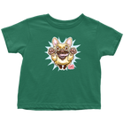 a toddler's green t-shirt with the original OMG You're Home Fawn Frenchie dog design on the front in full color
