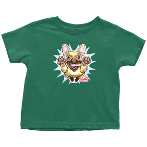 a toddler's green t-shirt with the original OMG You're Home Fawn Frenchie dog design on the front in full color