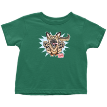 Load image into Gallery viewer, front view of a green toddler t-shirt featuring the OMG You&#39;re Home German Shepherd dog design