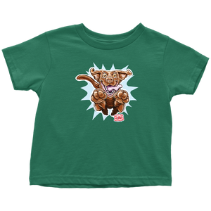  a green OMG You're Home t-shirt featuring the original Chocolate Labrador Retriever dog design on the front