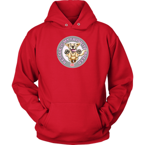 a red unisex hoodie tee features the original Golden Retriever dog artwork by OMG You're Home! 