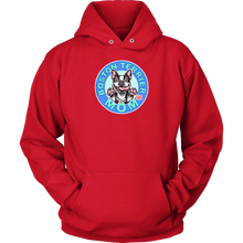 Load image into Gallery viewer, front view of a red hoodie featuring the OMG Boston Terrier dog mom design in full color