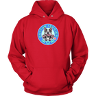 front view of a red hoodie featuring the OMG Boston Terrier dog mom design in full color