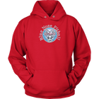 the front view of a bright red unisex Hoodie featuring the OMG You're Home Blue Nose Pitbull dog design in full color.