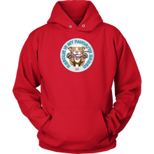 Load image into Gallery viewer, front view of a red hoodie featuring original Red Nose Pitbull rescue artwork by OMG You&#39;re HOME!