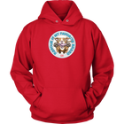 front view of a red hoodie featuring original Red Nose Pitbull rescue artwork by OMG You're HOME!