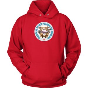 front view of a red hoodie featuring original Red Nose Pitbull rescue artwork by OMG You're HOME!