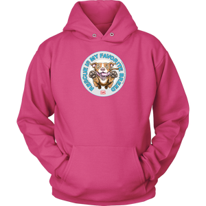 front view of a pink hoodie featuring original Red Nose Pitbull rescue artwork by OMG You're HOME!