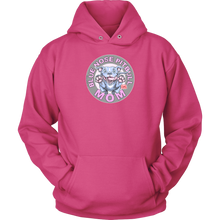 Load image into Gallery viewer, This comfy bright pink hoodie features the OMG Blue Nose Pitbull Mom design on the front in full vibrant color. 