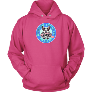 front view of a pink hoodie featuring the OMG Boston Terrier dog mom design in full color