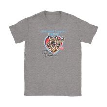 Load image into Gallery viewer, a light grey Gildan Womens T-Shirt for dog lovers featuring the German Shepherd design in the Emotional Support Human collection