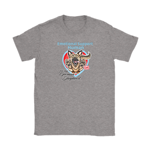 a light grey Gildan Womens T-Shirt for dog lovers featuring the German Shepherd design in the Emotional Support Human collection