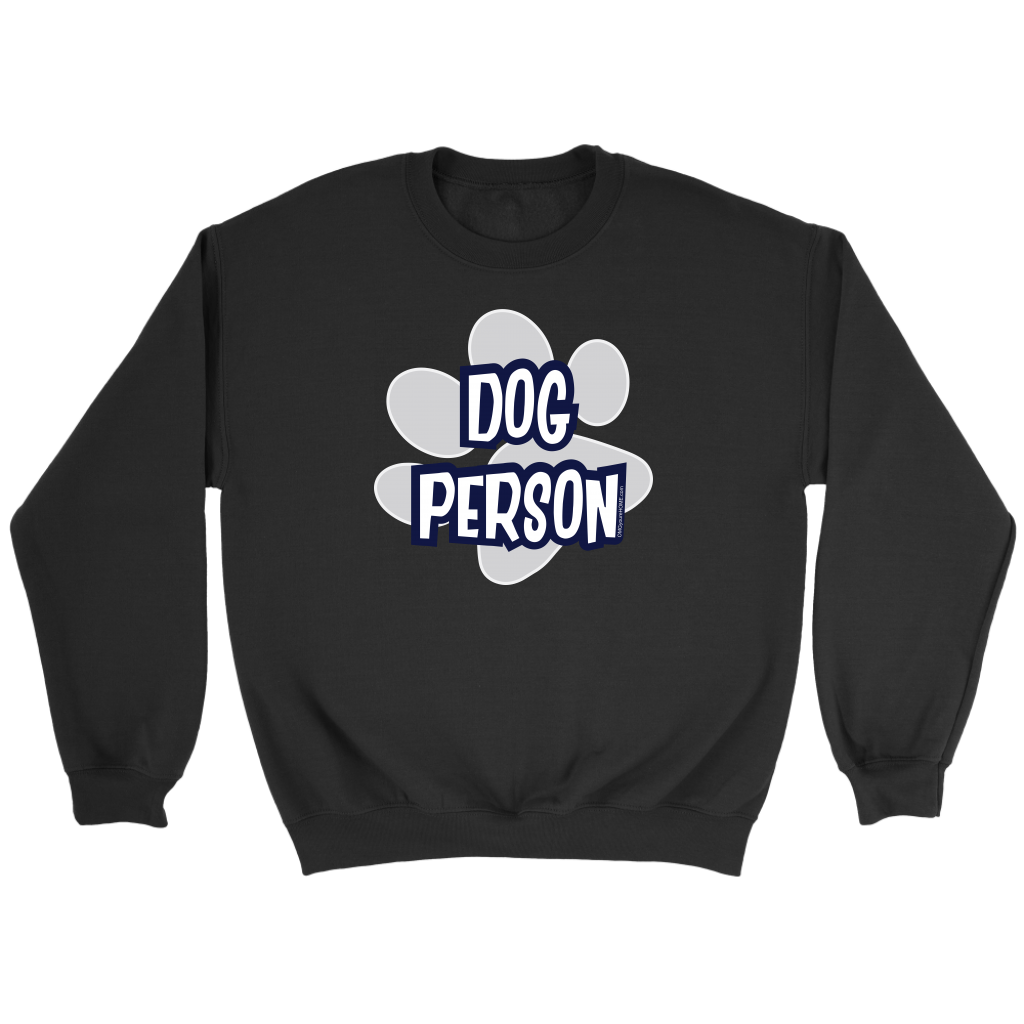 A soft and cozy black Crewneck Sweatshirt for dog lovers featuring the DOG PERSON design on the front.