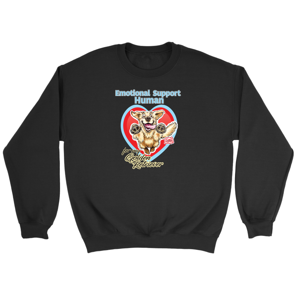 a black crewneck sweatshirt for dog lovers featuring the Emotional Support Human for my Golden Retriever design on the front