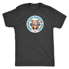 Load image into Gallery viewer, front view of a mens dark grey Triblend t-shirt by Next Level featuring the original Red Nose Pitbull artwork by OMG You&#39;re Home! Part of the &quot;Rescue is my favorite breed&quot; collection.