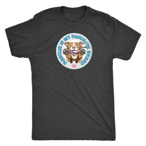 front view of a mens dark grey Triblend t-shirt by Next Level featuring the original Red Nose Pitbull artwork by OMG You're Home! Part of the "Rescue is my favorite breed" collection.