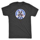   a dark grey men's t-shirt with a design of a Boston Terrier dog dad from OMG You're Home