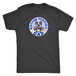   a dark grey men's t-shirt with a design of a Boston Terrier dog dad from OMG You're Home