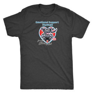 a dark grey t-shirt with the Emotional Support Human design with the OMG excited black labrador retriever